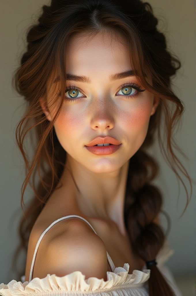 A beautiful girl with soft and attractive features, smooth and glowing skin, and wide eyes with a bright color like honey or emerald.. Her long eyelashes frame her eyes in a charming frame, and her carefully arched eyebrows add a touch of delicacy and femininity.. Her lips are full with a natural pink color, and she smiles a charming smile that shows off white, symmetrical teeth.. Her hair is soft and shiny, falling freely over her shoulders or may be elegantly braided.. She wears a simple dress that reflects her good taste and highlights her natural beauty.. Her overall appearance suggests femininity and delicacy, and she has a unique charm that draws attention to her..