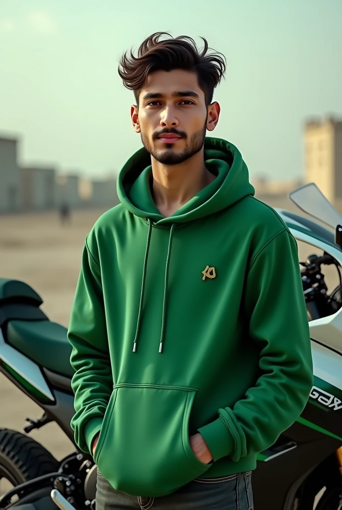 Create 3D illusion for a profile picture where
a 23-Year-old cute boy in a GREEN hoodie in front write name "Farhad"' stand beside casually on a Pakistani Colored Green and white GSX-R1000, Wearing bla