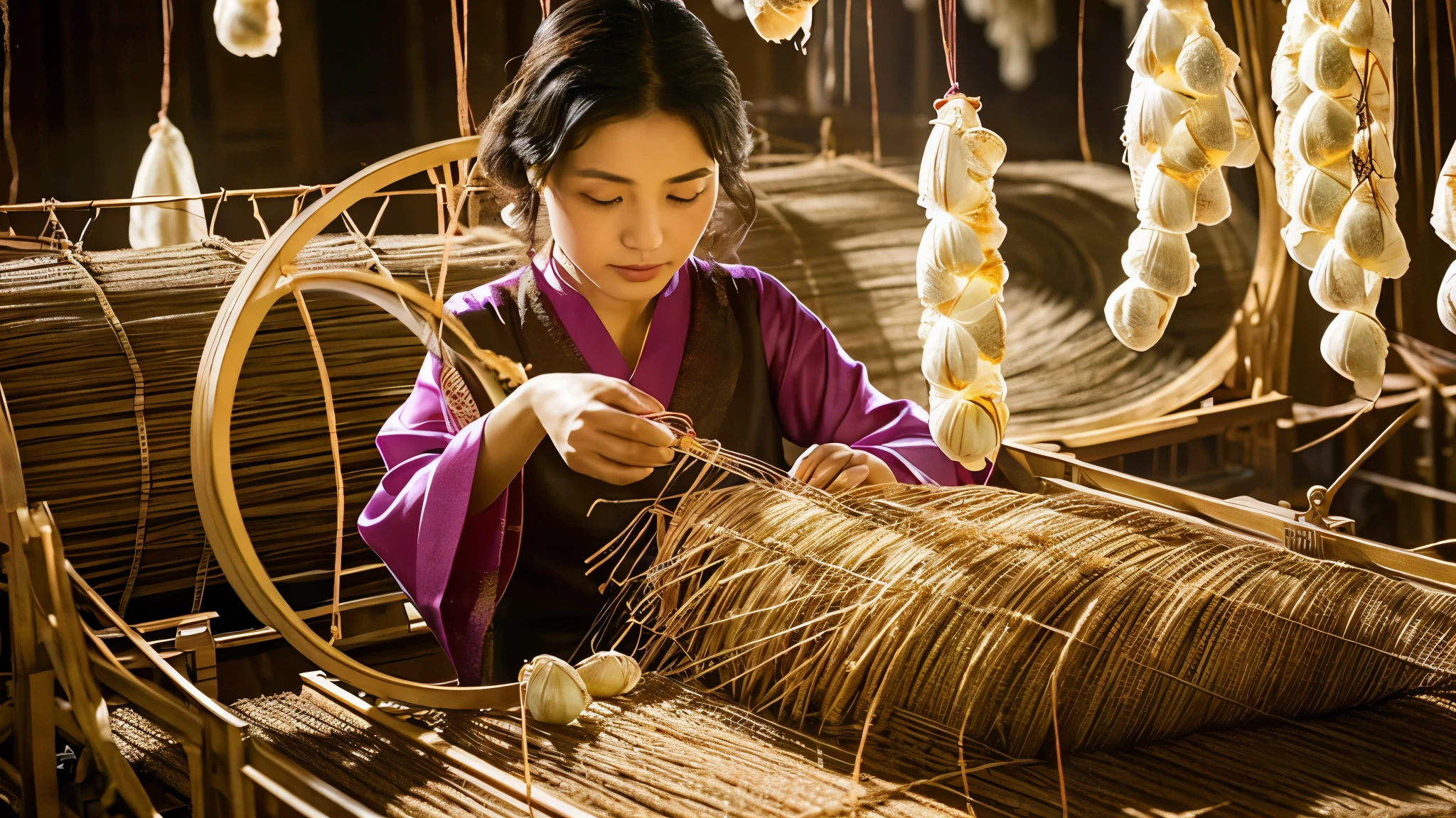 [A Chinese weaver woman at an ancient loom], working on a piece of shiny silk. The environment should include details such as (((silkworm cocoons, wire reels, and luxurious silk pieces))) at various stages of production, with soft lighting that highlights the delicate texture of the silk.