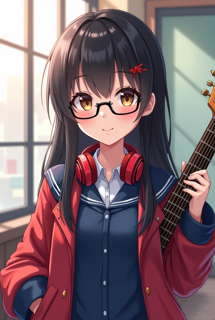 Anime girl with short dark brown hair, with dark brown eyes, black colored glasses, in a blue school uniform and a red jacket with navy blue sleeves and red headphones, holding a guitar behind