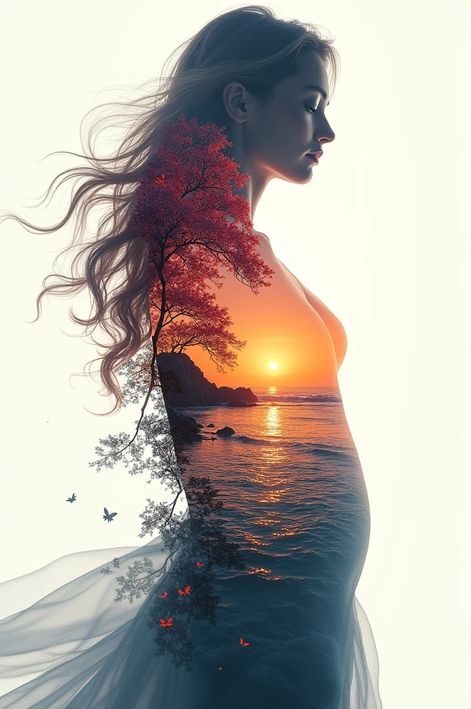 high quality, 8K Ultra HD, A beautiful double exposure that combines an goddess silhouette with sunset coast, sunset coast should serve as the underlying backdrop, with its details incorporated into the goddess , crisp lines, The background is monochrome, sharp focus, double exposure, by yukisakura, awesome full color,