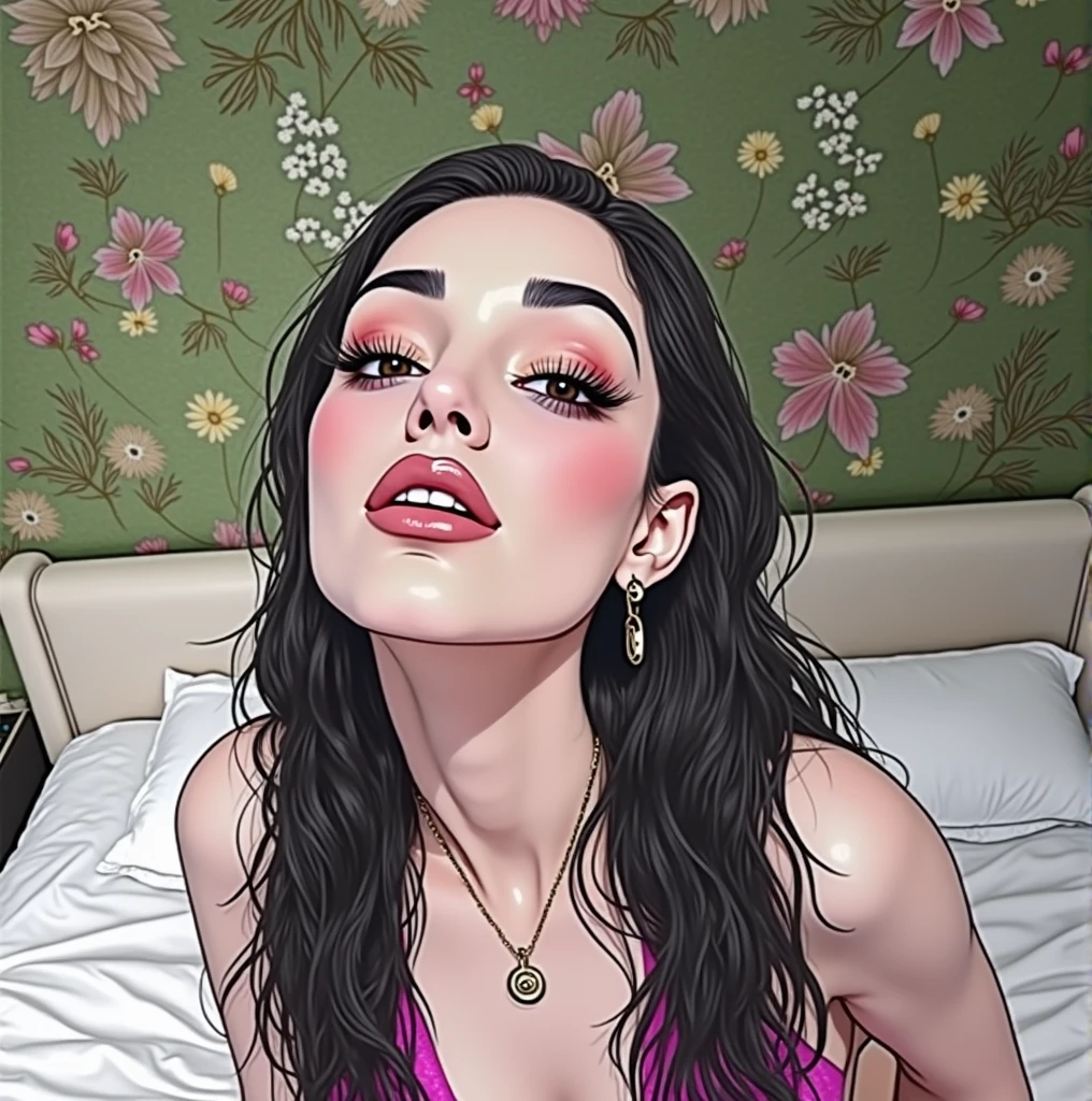 (((Instagram photos))) 26 years old, brown hair, naturally long wavy hair, She is considered a trendsetter in luxury and lifestyle and provides unique style advice to her followers.., Boobs like Emily Ratajkowski, hourglass figure, The face of a very beautiful gypsy, Inspired by exclusive shopping tips and personal experiences, 8 ก, very detailed, realistic, complex parts, реалистичная Texture кожи, Realistic Hair, Texture, cheerful, 8 g uhd, best quality, High resolution, Attention to details, big, Hot pose on the bed in lingerie, view from above, Bright and detailed face
