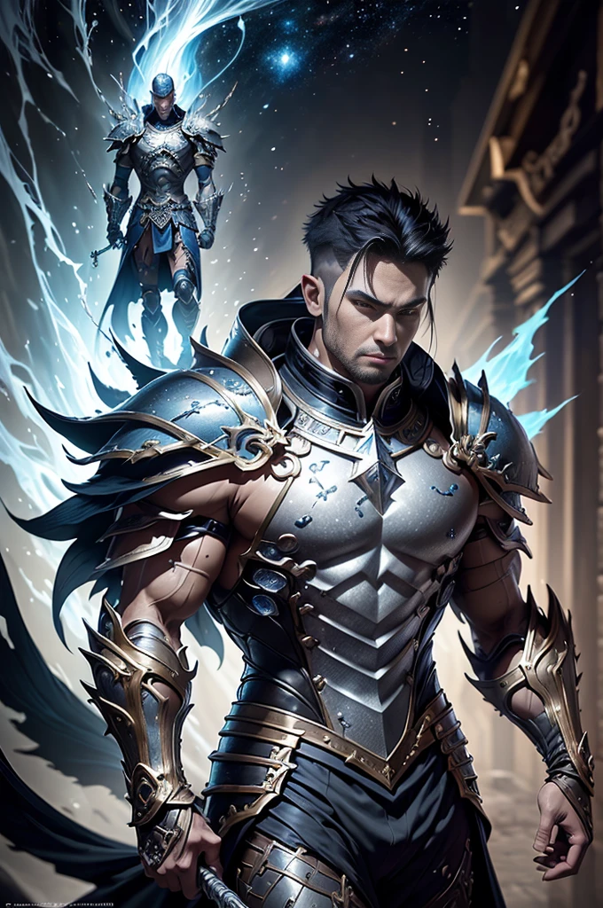 Boys in 8K resolution(full body esbian:1.3)shot、splash art、Great cartoon style、A realistic and young male figure、Anatomically realistic digital painting(to show:1.3)Portrait of a young man(to show:1.3)blue and white complex(Heavily armed:1.3)And white short hair(A dark and moody universe:1.3)、black clothes,light particles、highly detailed skin、Demon Slayer、very detailed eyes、 (Elden Ring Style:1.1)、(warhammer style:1.3)、Concept Artist、World Lighting、depth of field、splash art、Works of art:art manure、Greg Rutkowski(Greg Rutkowsky)、Victoria Gavrilenko,He has a very big sword.