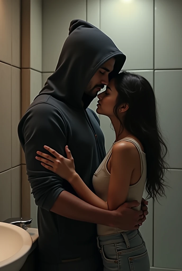 A hooded  indian boy whose face is not visible. In a modern bathroom. Kissing a short white indian girl. 