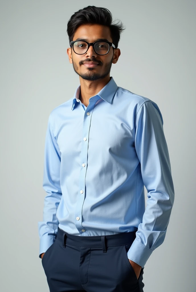 24 year old indian boy with fair skin wearing glass and narrow body possing for linkedin picture in formal