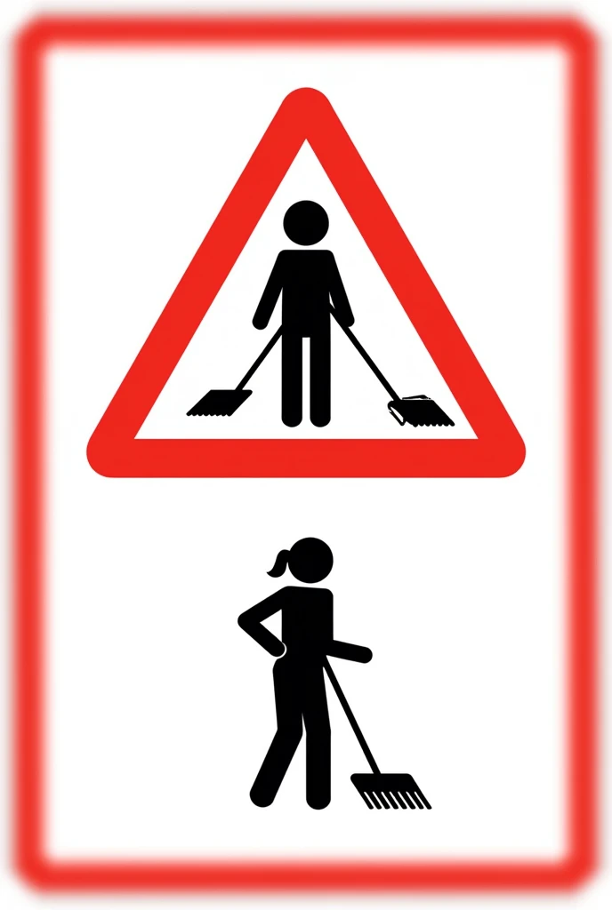 A triangular warning sign with a white background and a red border. In the middle of the sign is a clipart woman with mop in black. Below the sign is a symbol of a cleaning lady, holding a mop. The symbol is in black, to make it clearly visible. The sign clearly conveys, that cleaning staff are working nearby and caution is advised.