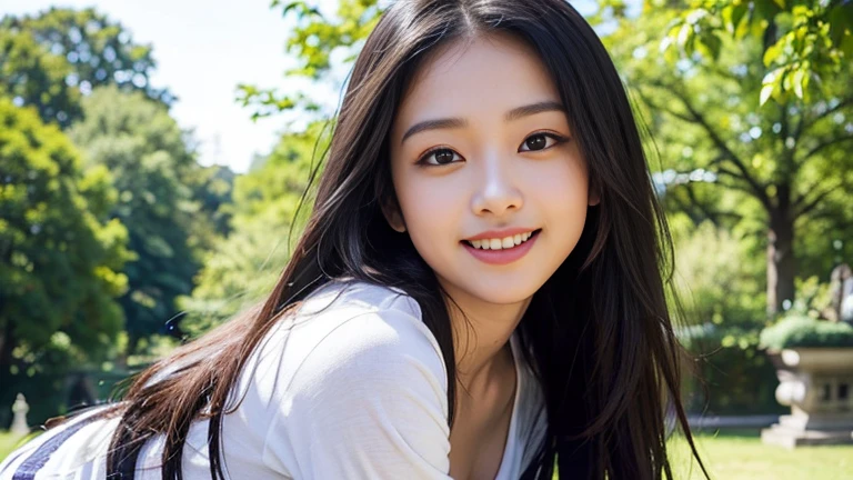 highest quality, masterpiece, ultra-high resolution, (realistic:1.4), Raw photo, 23 year old girl, ((leaning forward):1.3), ((from the front)), (white t-shirt:1.2), (Very cute face like the most popular Japanese idol, ((very beautiful big black eyes)), very beautiful hair, (long hair)、very beautiful skin, very beautiful long eyelashes, very beautiful lips, very beautiful cleavage, innocent smile, dynamic pose, Well-balanced body size, onepeace, in the park, smile