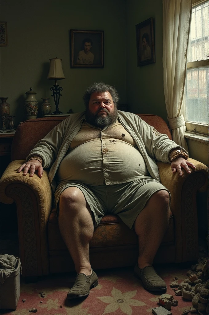 Fat robust man with torn clothes lying on sofa