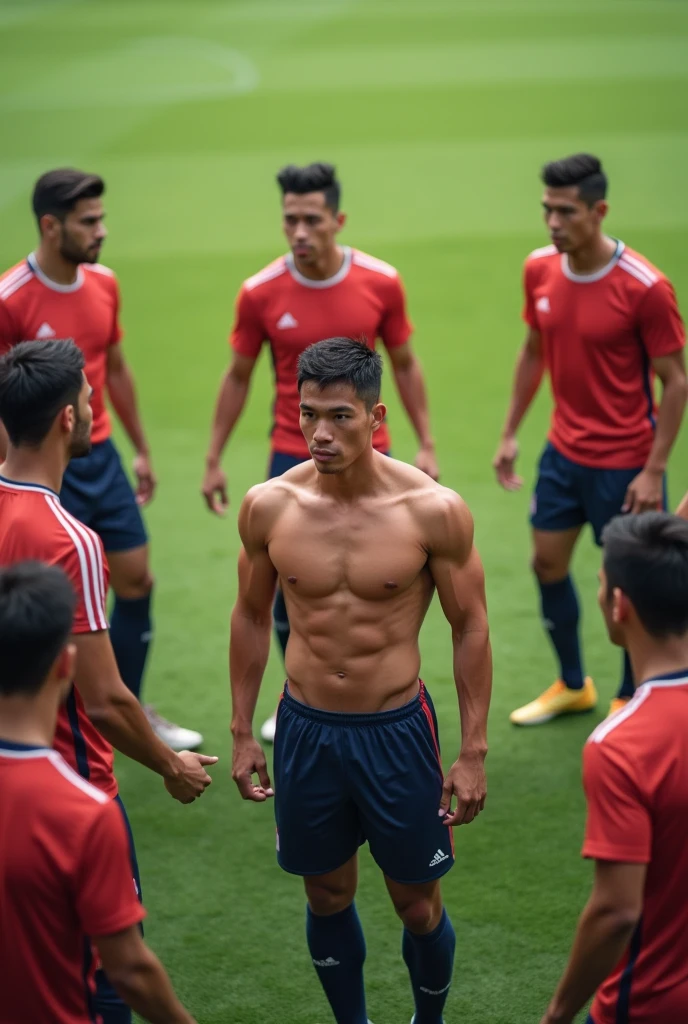 Many handsome, well-built Asian male soccer players are in a circle practicing soccer. There is one person in the middle of the circle who takes off his shirt.
