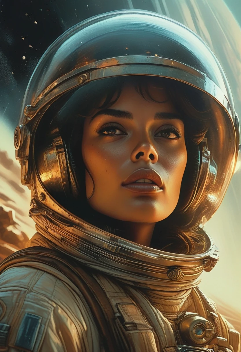 Busty Vintage Spaceage by Ed Mell and Russ Mills,  (luminar , vivacious , masterful:1.4), poster art, bold lines, hyper detailed, expressive,  award winning,  (scenery:1.4), (intricate details, masterpiece, best quality:1.4),
ring light , looking at viewer, dynamic pose, wide angle view,
atmospheric haze, Film grain, cinematic film still, highly detailed, high budget, cinemascope, moody, epic, OverallDetail, gorgeous, 2000s vintage RAW photo, photorealistic, candid camera, color graded cinematic, eye catchlights, atmospheric lighting, skin pores, imperfections, natural, shallow dof,