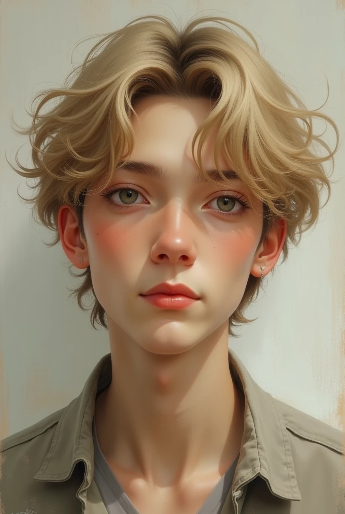 A man with dark blond hair, almond eyes and a small smile. A thin and gentle face, Caucasian skin