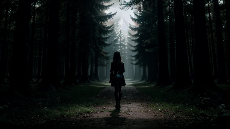  a dark, moonlit forest discovers an ornate pendant on the ground. The pendant glows softly with mysterious symbols. The forest is filled with tall trees and eerie shadows cast by the full moon