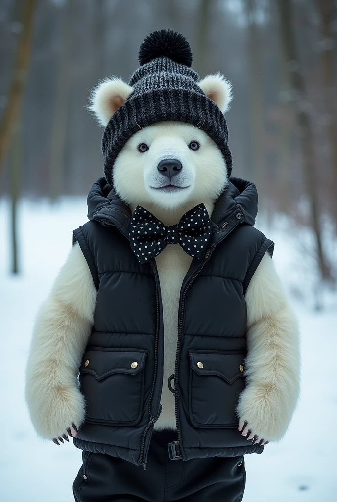 Polar Bear, wearing black beanie, a waistcoat, sweatpants and a bowtie, goth girl, emo, heavy mackup, goth, goth, goth, girl, goth girl,