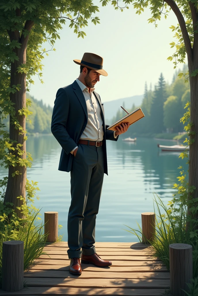 A gentleman in a button-down shirt and hat on a dock drawing 