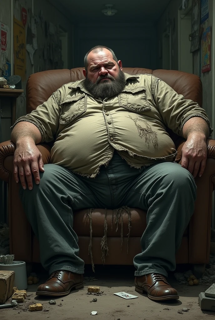Fat robust man with very torn clothes lying on the sofa