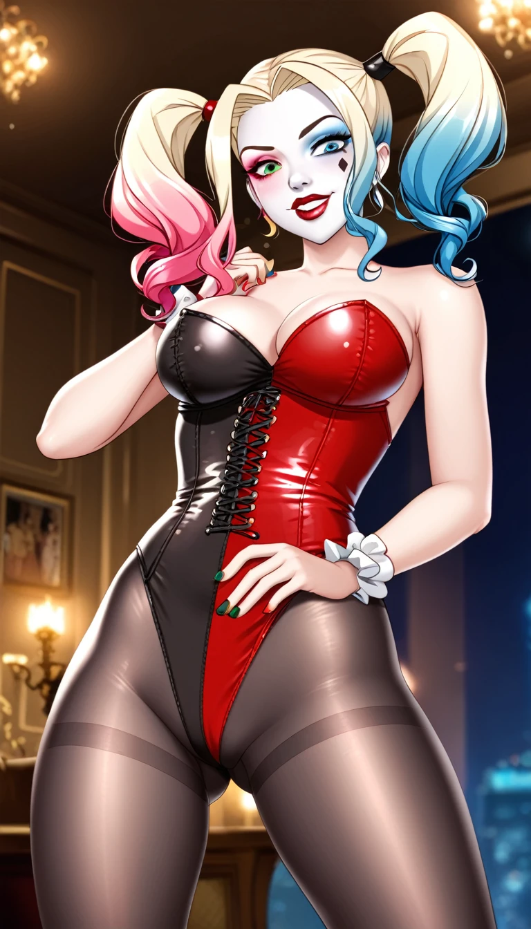 Harley Quinn in an elegant bright green corset leotard with a pantyhose