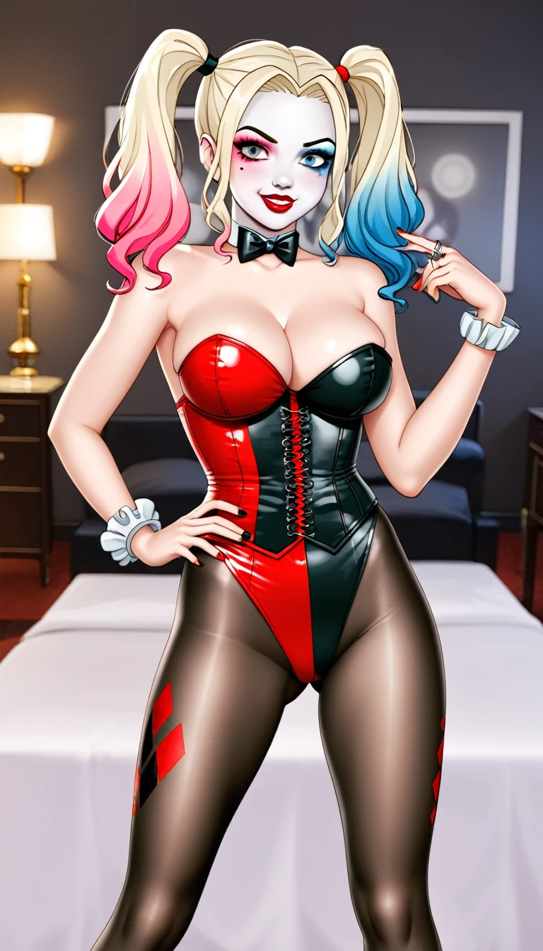 Harley Quinn in an elegant bright green corset leotard with a pantyhose