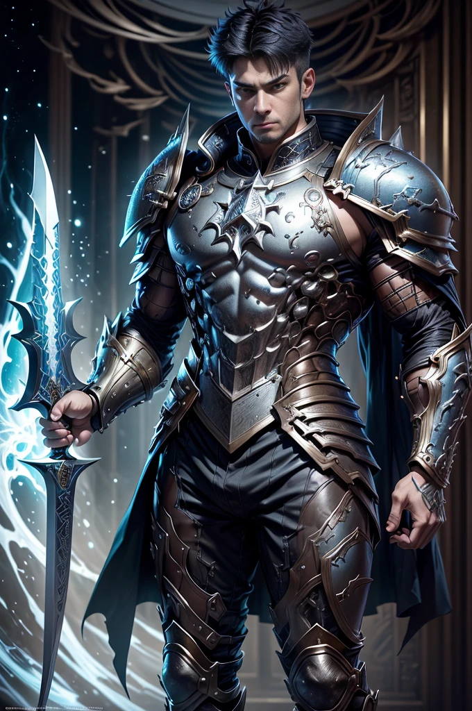 Boys in 8K resolution(full body esbian:1.3)shot、splash art、Great cartoon style、A realistic and young male figure、Anatomically realistic digital painting(to show:1.3)Portrait of a young man(to show:1.3)blue and white complex(Heavily armed:1.3)And white short hair(A dark and moody universe:1.3)、black clothes,light particles、highly detailed skin、Demon Slayer、very detailed eyes、 (Elden Ring Style:1.1)、(warhammer style:1.3)、Concept Artist、World Lighting、depth of field、splash art、Works of art:art manure、Greg Rutkowski(Greg Rutkowsky)、Victoria Gavrilenko,He has a very big sword.