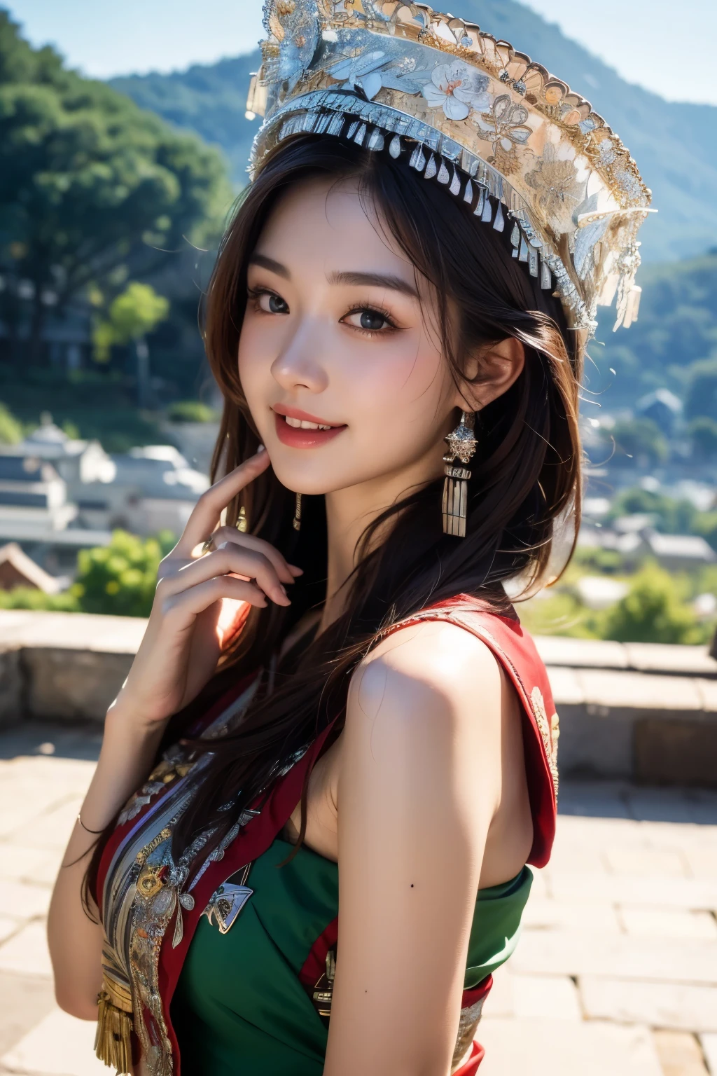 best quality， ultra high resolution， Official wallpaper， （lifelike：1.4）， （1Hmong girl）， （18 year old girl），Hmong headdress，Hmong clothes， Highly detailed face， beautiful eyes， （Smile：0.6）， looking at the audience，（After the rain，outdoor，moist）Extremely detailed CG Unity 8k wallpapers， light in face， illumination， Traditional headwear， whole body， masterpiece，超lifelike，32k，Extremely detailed CG Unity 8k wallpapers， best quality

