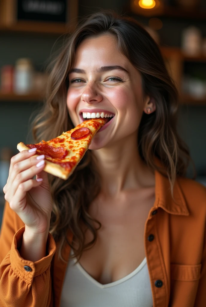 create a PHOTO of a happy woman eating a slice of pizza, written the following sentence ( DOM FERREIRA ), in clothes