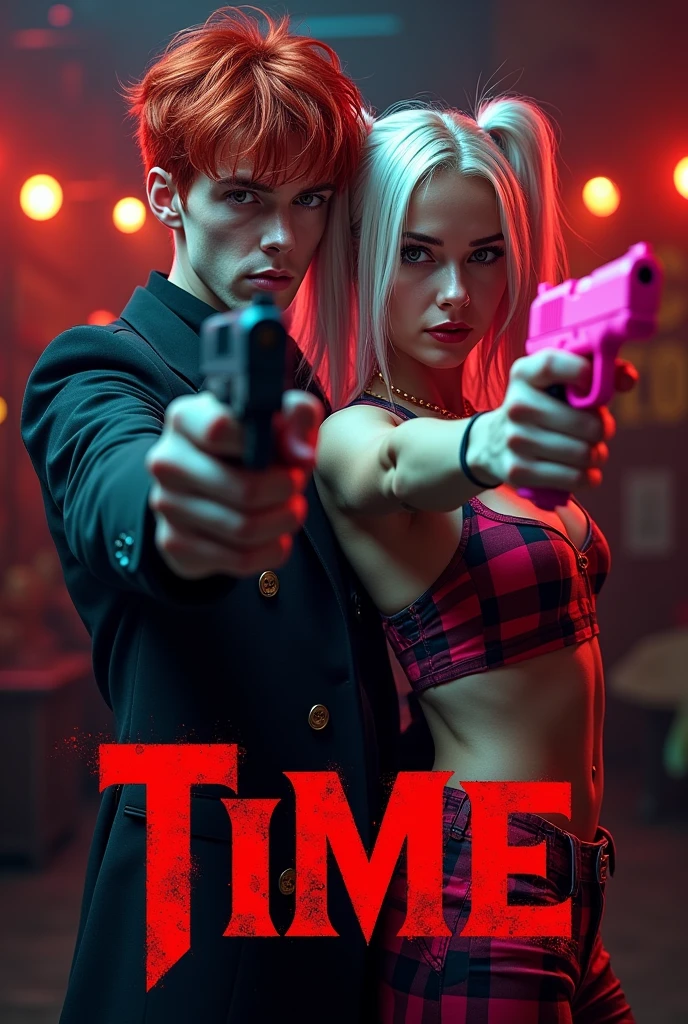 A cover for wattpad,Let it be inspired by a half-shady circus with a guy who looks like Cameron Monaghan and a pretty girl.,that they look like psychopaths and that there is blood,that have weapons,the girl with a bright pink gun,The story is called time, could you put the title with cool red and black letters?,and the cover doesn't say wattpad,that the boy looks like Jerome Valeska and the girl like Harley Queen but pink,who are between 15 and 17 years old,que el arma del chico sea negra y that the boy is red como jerome valeska, that is as similar to him as possible,that the girl wears pink and with a slightly shorter roma,that the boy is red,and that they both have clothes inspired by the circus but cool,that they look more teenage and that the girl has light brown hair