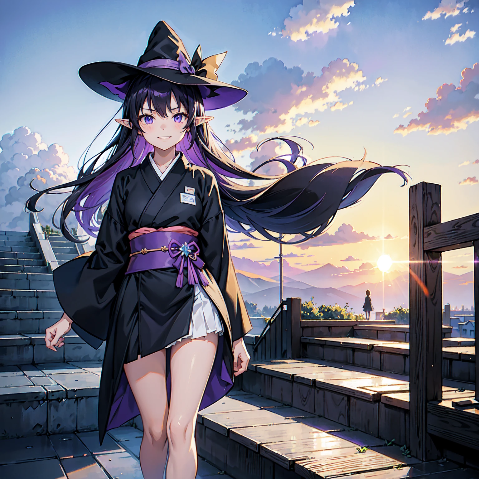 A girl with long violet-purple hair. Pointy elf ears. Her clothes are simple: a black robe with wide sleeves and a black miniskirt. Her knees are showing. The front has a V-shaped white insert like a kimono. A big smile. A witch's hat with purple ribbons on either side. Gentle face. Background, bright painting, Makoto Shinkai, floating long stairs, floating stairs in the air, stairs above clouds, illustration, nostalgic, vivid, above clouds, bright, fresh, stairs, sunset.