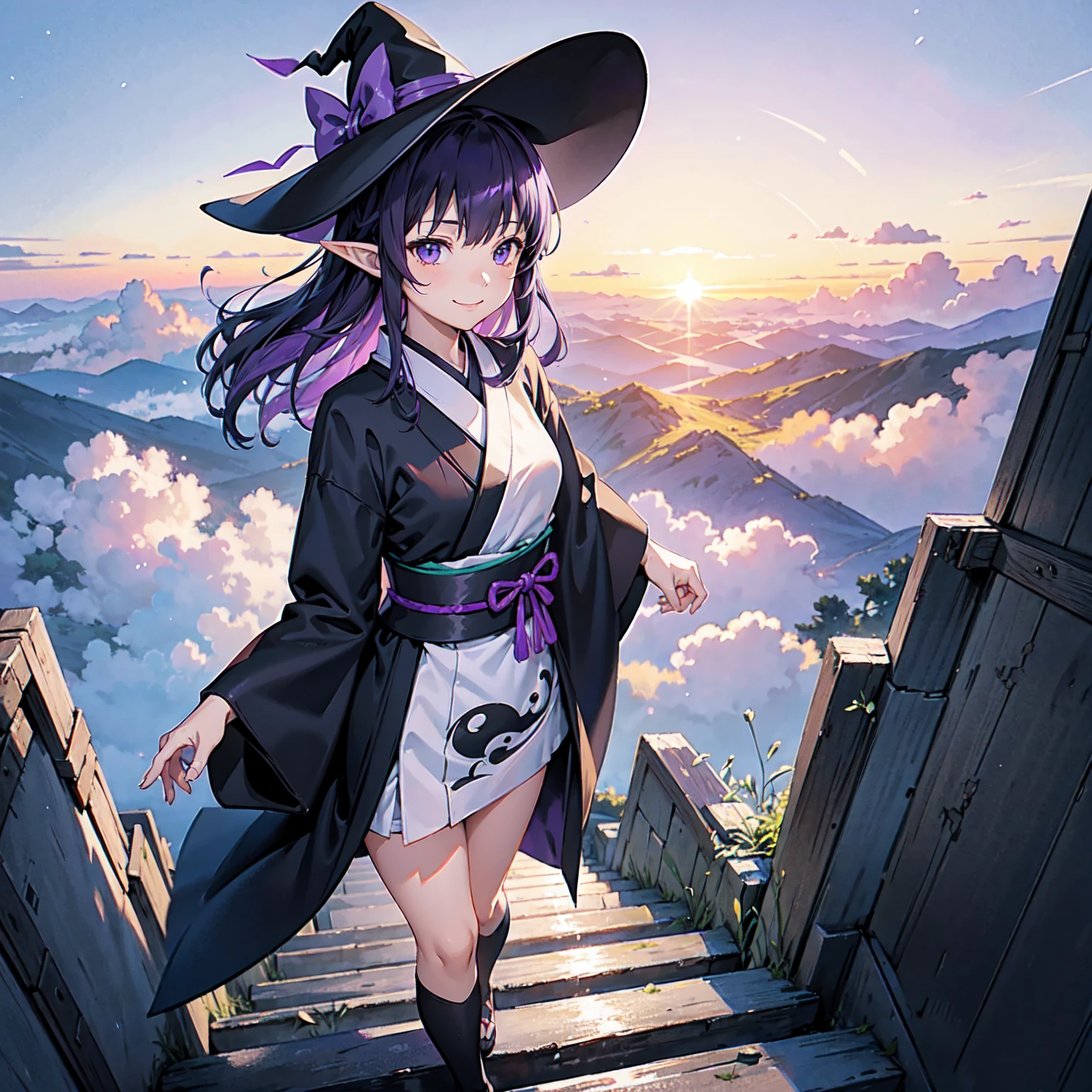 A girl with long violet-purple hair. Pointy elf ears. Her clothes are simple: a black robe with wide sleeves and a black miniskirt. Her knees are showing. The front has a V-shaped white insert like a kimono. A big smile. A witch's hat with purple ribbons on either side. Gentle face. Background, bright painting, Makoto Shinkai, floating long stairs, floating stairs in the air, stairs above clouds, illustration, nostalgic, vivid, above clouds, bright, fresh, stairs, sunset.