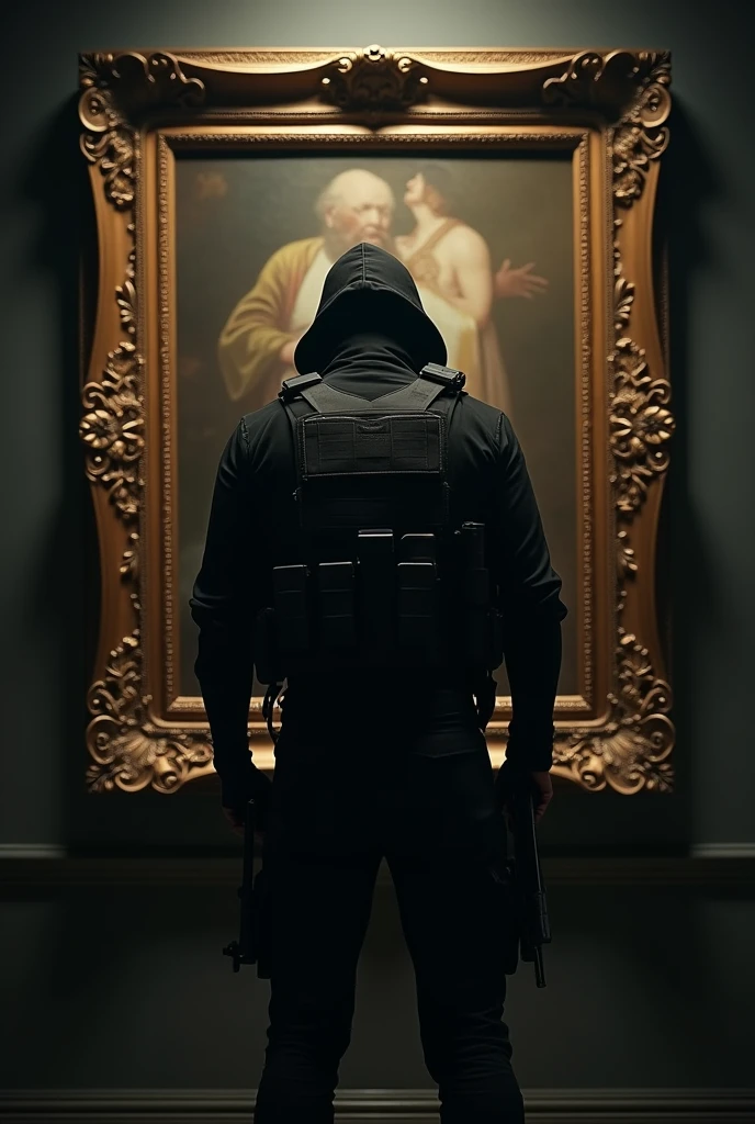 A room, there is an expensive and ancient painting frame, There is a thief wearing a black police vest who is looking at the painting, the atmosphere is dark and tense, add weapons in his hands black police military clothing