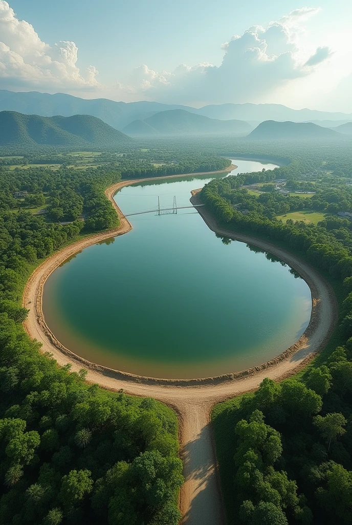 horseshoe-shaped city with a circular lake in the Brazilian savannah, behind a slap. the city has a power transmission line that comes from a village 80 kilometers away. an area close to the city will be used to place the village flooded by the lake. next to the main city there are 2 temporary camps that will be used by construction workers.