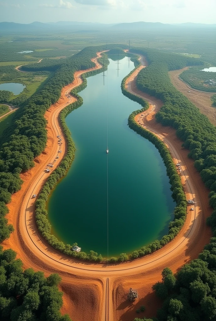 horseshoe-shaped city with a circular lake in the Brazilian savannah, behind a slap. the city has a power transmission line that comes from a village 80 kilometers away.  an area close to the city will be used to place the village flooded by the lake. next to the main city there are 2 temporary camps that will be used by construction workers. 