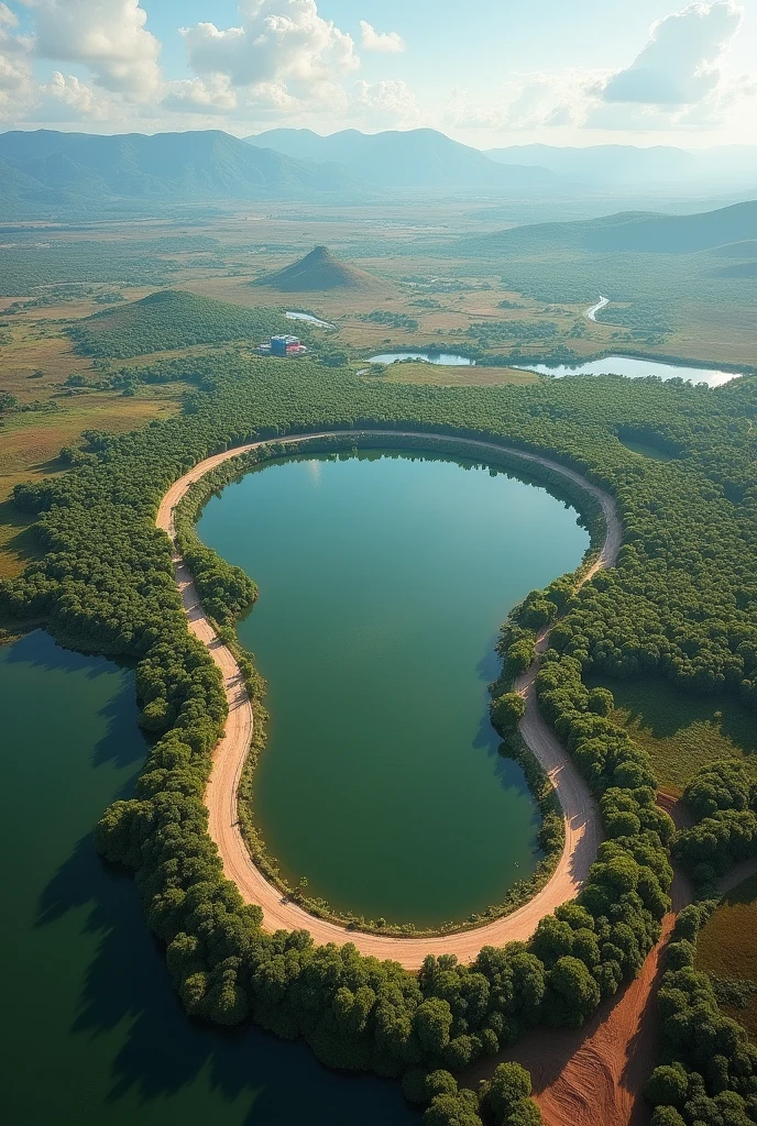 horseshoe-shaped city with a circular lake in the Brazilian savannah, behind a slap. the city has a power transmission line that comes from a village 80 kilometers away. an area close to the city will be used to place the village flooded by the lake. next to the main city there are 2 temporary camps that will be used by construction workers.