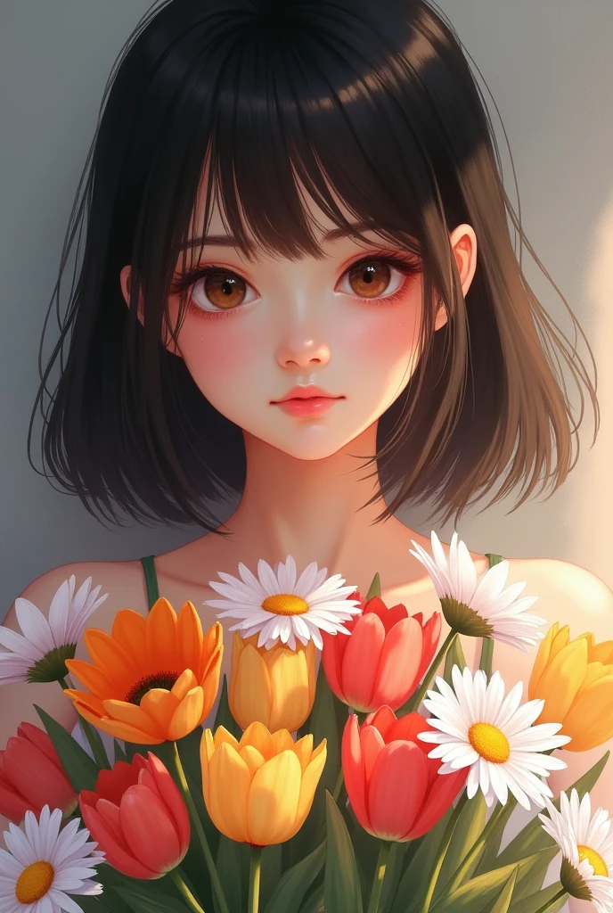 Brunette girl with straight shoulder-length black hair, with dark brown eyes and long eyelashes, holding a bouquet of daisies and tulips
