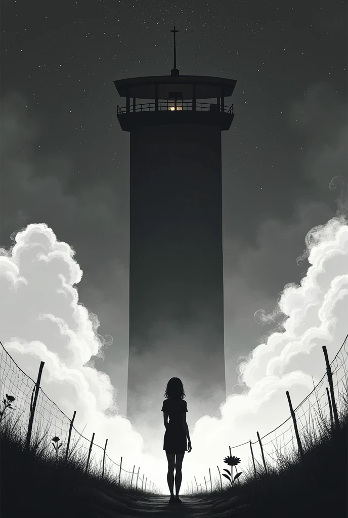 A drawing of a person standing looking at the stars and clouds in black and white below the image of a prison tower where a flower can be seen growing