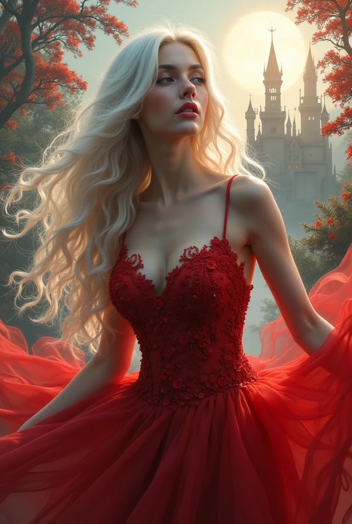 8k, of the highest quality, masterpiece)，(realist, RAW Photos, Super fine clear), realist Light, detailed skin, beautiful woman, ((25 year old woman, Princess:1.5)), thin legs, fine wheat, long white hair, Detailed fingers, Erotic, sexual, expressions of ecstasy, huge bouncing busts, (A crimson dress of intricate construction.), , (Shangri-la, flores, flores, birds, wind and moon, Storm of flowers), Cinderella Castle, double exposure, silhouette