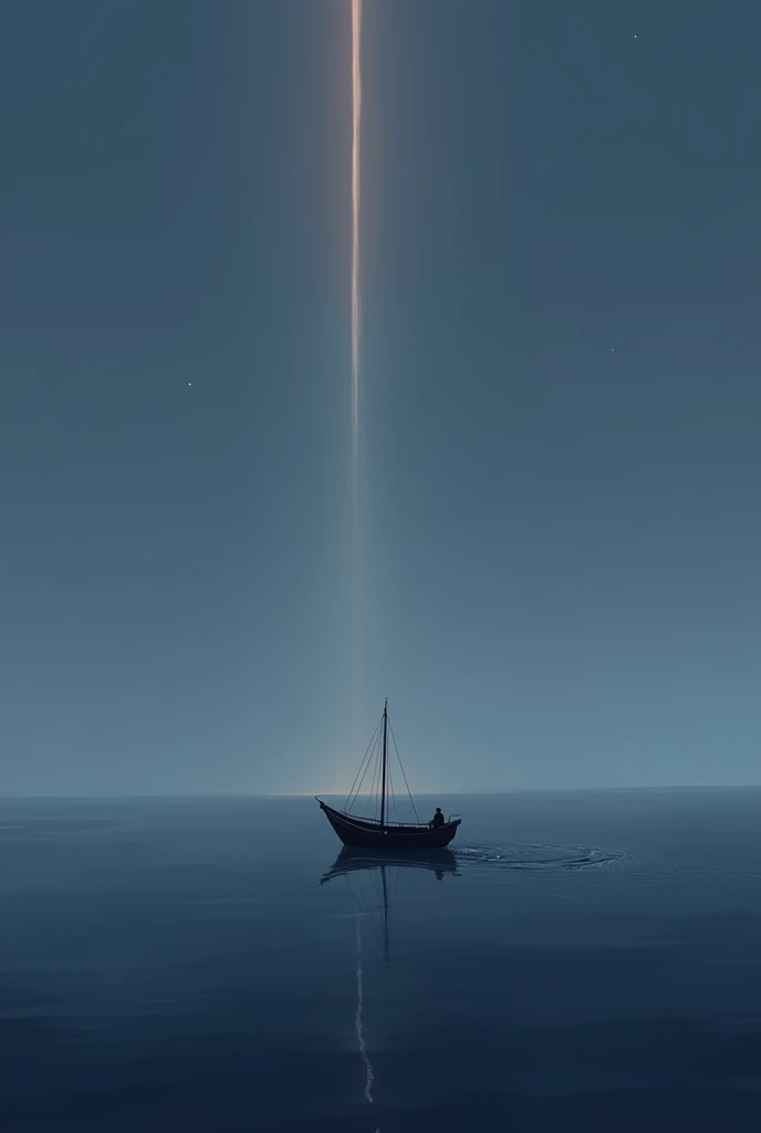 Abstract art of a lone boat adrift on a vast, calm ocean, its sail barely moving. A single wave, illuminated by a beam of light, laps against the boat, symbolizing the slow journey through isolation. The sky above is a gradient of midnight blues and purples, reflecting the profound stillness of solitude