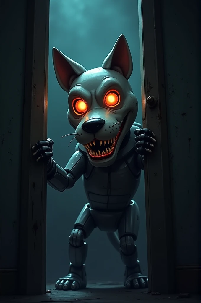 now create an image, of an animatronic in the form of an anthropomorphic dog spying behind the slightly open door. the image must be dark, frightening and causing discomfort. In the image, only the animatronic's eyes can be seen shining in the darkness and his macabre smile.. It must be a cartoon image