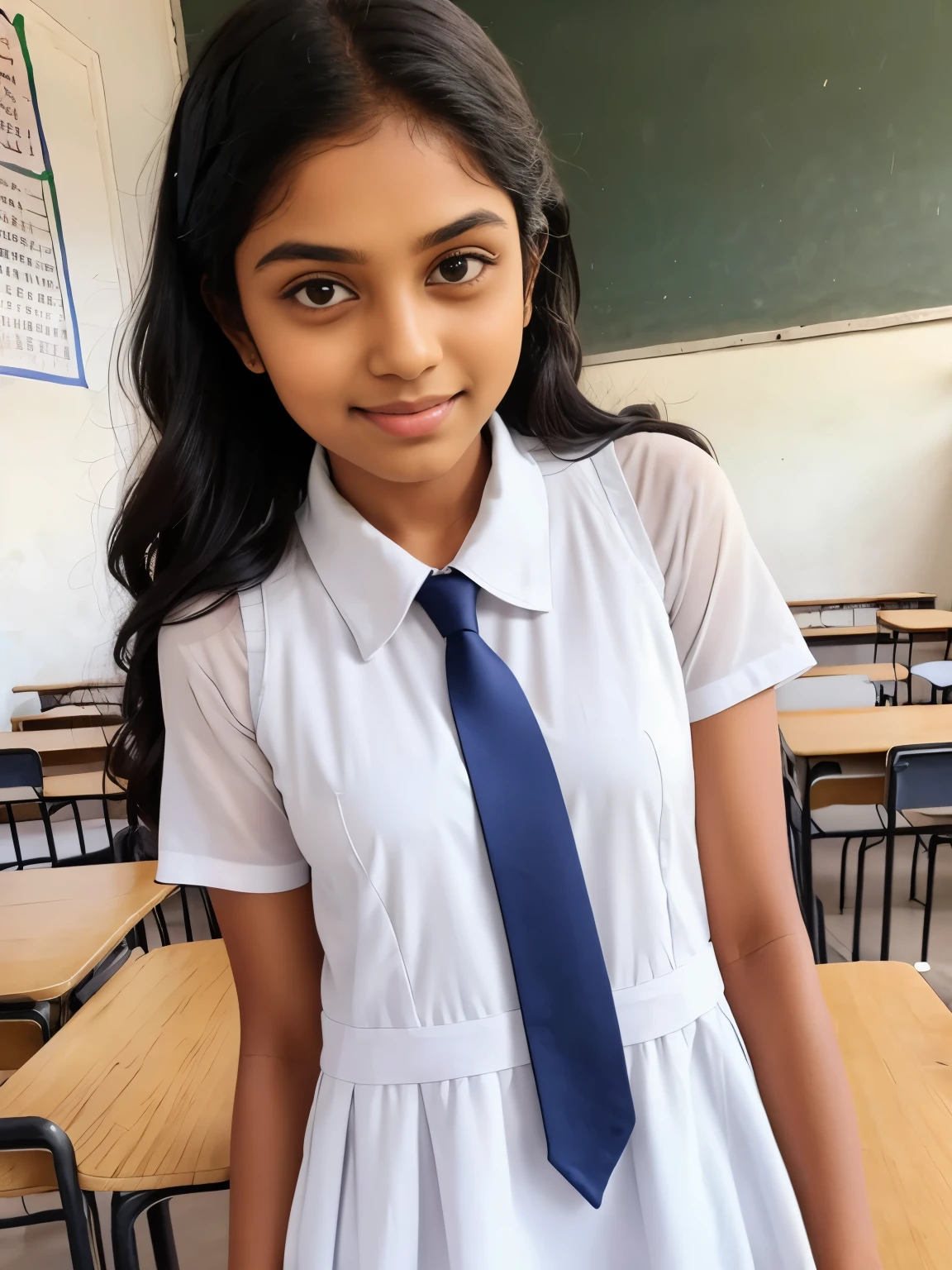 Srilankan school girl , school white frock,in the classroom, frock with pockets , wearing white vest camisole as a undergarment 