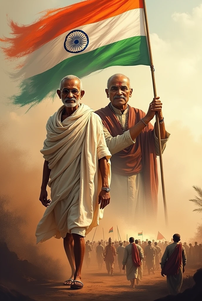 Generate a montage of significant moments from India's Independence movement, including images of Mahatma Gandhi, Jawaharlal Nehru, the Dandi March, and the Indian flag being raised for the first time.