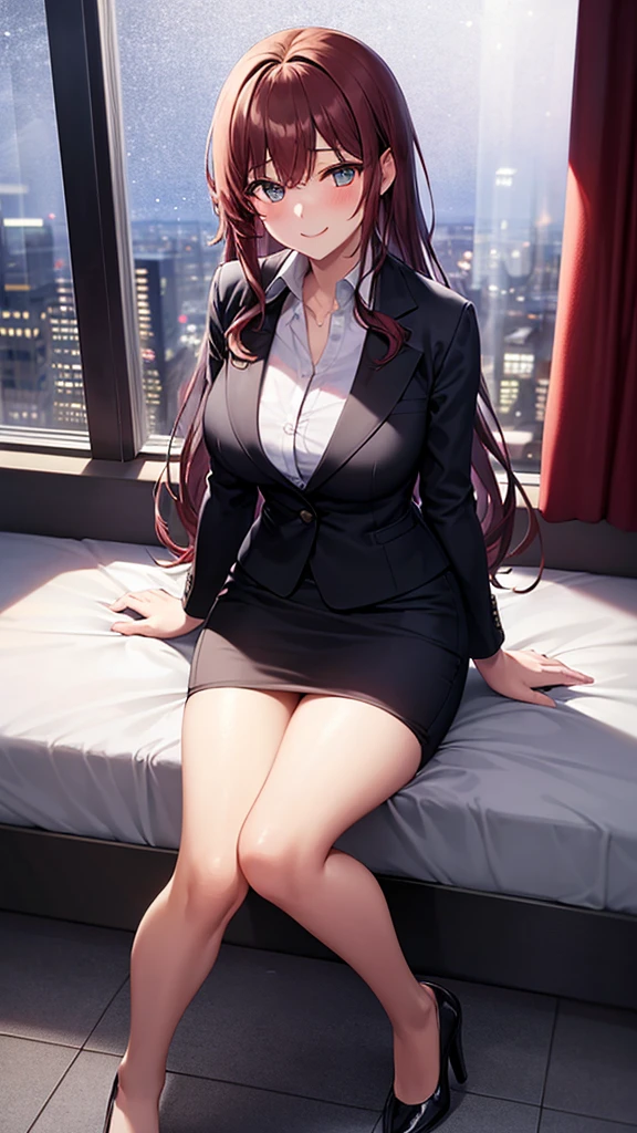 masterpiece, best quality, 1girl, adult female, beautiful business woman sitting on bed, long hair, dark red hair, wavy hair, blazer, slim body, black midi pencil skirt, business suit skirt, long skirt:1.3, heels, bracelets, bedroom, window, night sky, atmospheric, moody, view from above, bright eyes, blush, nervous smile,