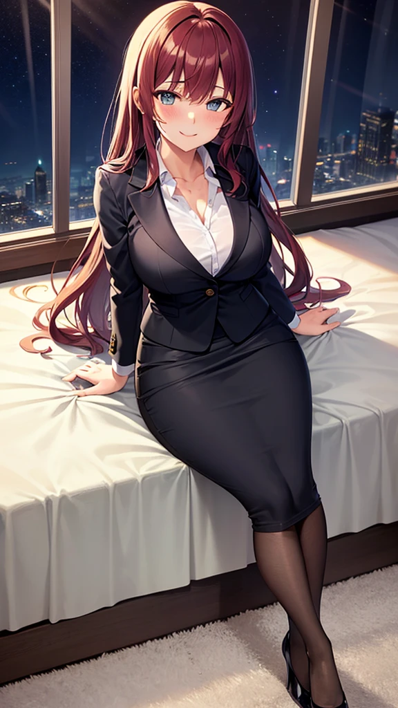 masterpiece, best quality, 1girl, adult female, beautiful business woman sitting on bed, long hair, dark red hair, wavy hair, blazer, slim body, black midi pencil skirt, business suit skirt, long skirt:1.3, heels, bracelets, bedroom, window, night sky, atmospheric, moody, view from above, bright eyes, blush, nervous smile,