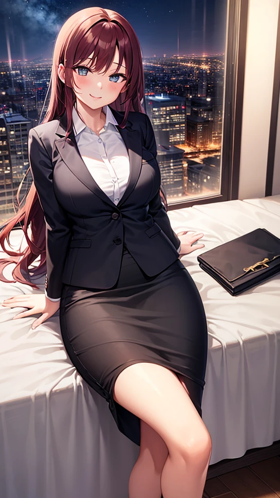 masterpiece, best quality, 1girl, adult female, beautiful business woman sitting on bed, long hair, dark red hair, wavy hair, blazer, slim body, black midi pencil skirt, business suit skirt, long skirt:1.3, heels, bracelets, bedroom, window, night sky, atmospheric, moody, view from above, bright eyes, blush, nervous smile,