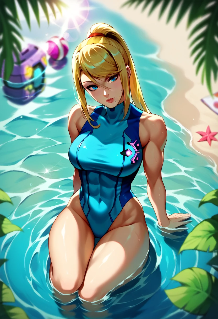 score_9, score_7_up 1girl, solo, samus aran, leotard, reflection, sitting, beach, thighs, toned, depth of field, lens flare, head tilt, wading,