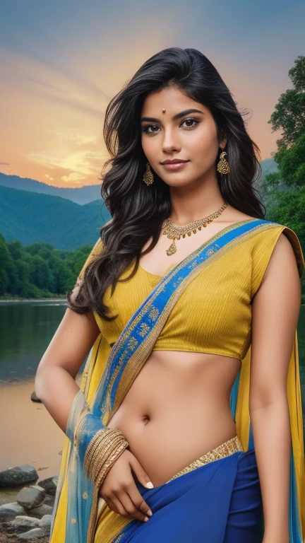 Beautiful young indian woman, village, wearing saree, river and mountain landsape, moonlit night, age, detailed face, detailed body, symmetric face, cute, iconic, photorealistic, big breasts, big belly, belly piercing, soft body, wavy hair, masterpiece, 8k, ultra realistic, detailed background, palace, god rays, ambient occlusion