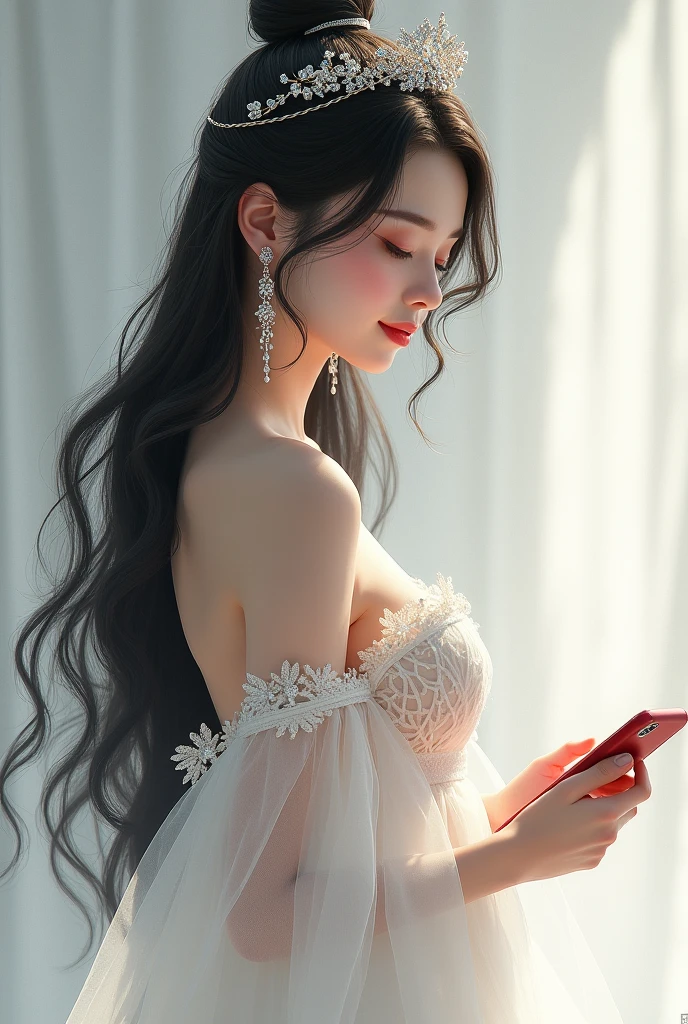 "A beautiful femina girl stands gracefully in a flowing white net gown, adorned with a delicate small white stone crown perched on her head.turning towards little right side. Right hand holds a red color phone and left hand towards down side .Her long black hair cascades elegantly around her shoulders. She wears long heavy white stone earrings that glimmer softly. Her head is cast downward, and she smiles gently, her lips touched with a subtle brown light lipstick, radiating a serene and captivating charm."