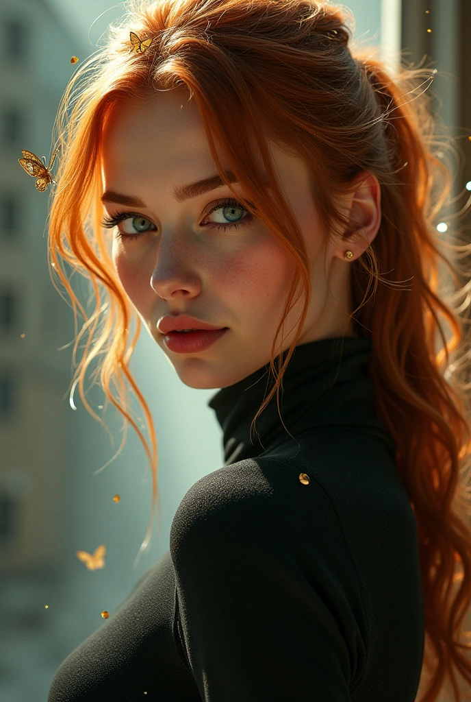 (solo, full body photo:1.3), (action packed:1.3), (haze, fog, mist:1.3), chiaroscuro, best quality, photorealistic, 1woman, (cute), (24yo:1.2), redhead, long ginger hair highly detailed, 1700'S, digital photography, art by artgerm and ruan jia and greg rutkowski surreal painting gold butterfly filigree, broken glass, (masterpiece, sidelighting, finely detailed Fashionable eyes: 1.2) (perfect oval large eyes that gazes at the viewer), beautiful detailed face, blue gorgeous perfect eyes, (blonde hair ponytail), (attractive young woman:1.3), (thick amazing hair), (seductive:1.1), (blushing:1.1)