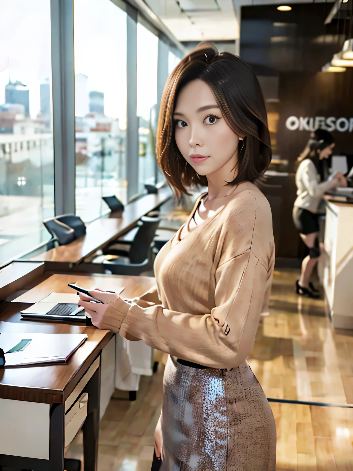 A female office worker、She is wearing a light blouse。There is a little transparency、You can see a bit of her black underwear underneath.。Also、She is also wearing a grey pencil skirt.。The moment she lifts her hand to push her hair back is captured.。The setting is a modern and sophisticated office.、The soft lighting highlights the subtle textures of her clothes and the warm, cozy feel.。