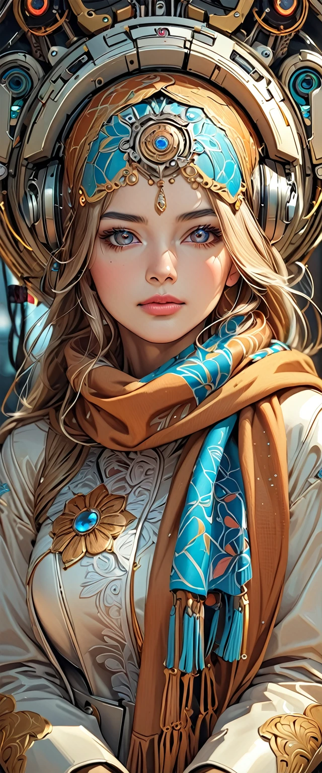 (masterpiece:1.2,Highest quality,Ultra-high resolution,Super detailed),(Best illustrations),8k,wallpaper,(Written boundary depth),(Sophisticated lighting:1.2),BREAK(1 female),(turkish woman:1.6),(Wearing a scarf on her head:1.6),(front:1.6),(The background is a colorful and beautiful arabesque pattern.) full body, full length ,Electronic Systems On-Head Humanoids |Cyborg Woman| With a detailed brain that you can see| With a delicate heart that can be seen| Muscle Detail Wire | Realistic Skin| Biopunk| Cybernetics | Cyberpunk | Canon M50| 100mm| Sharp Focus | Gently| Hyperrealism | Very detailed| Intricate Details | Vascular Expression | Telegraph, (( full body)), (( full-length))