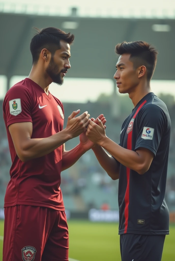 Two handsome, well-built Asian male football players playing rock-paper-scissors.