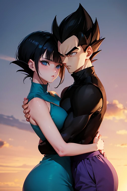 Man Vegeta and woman Gohan hugging 