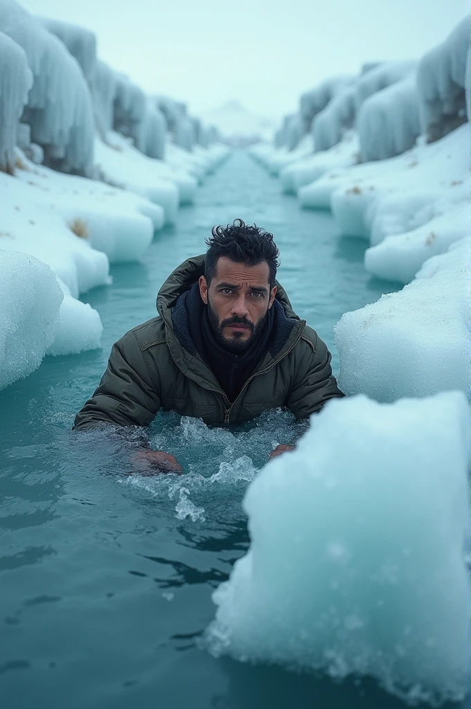 Brazilian man frozen around him ice on all sides and the water frozen